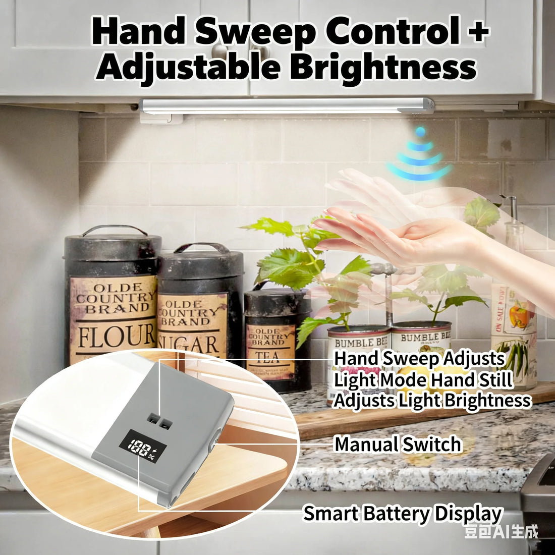 Under Cabinet Lighting – Hand-Sweep Control Sensor Light, Cool White Dimmable LED, Rechargeable for Cabinets, Wardrobes, Living Room & Bedroom
