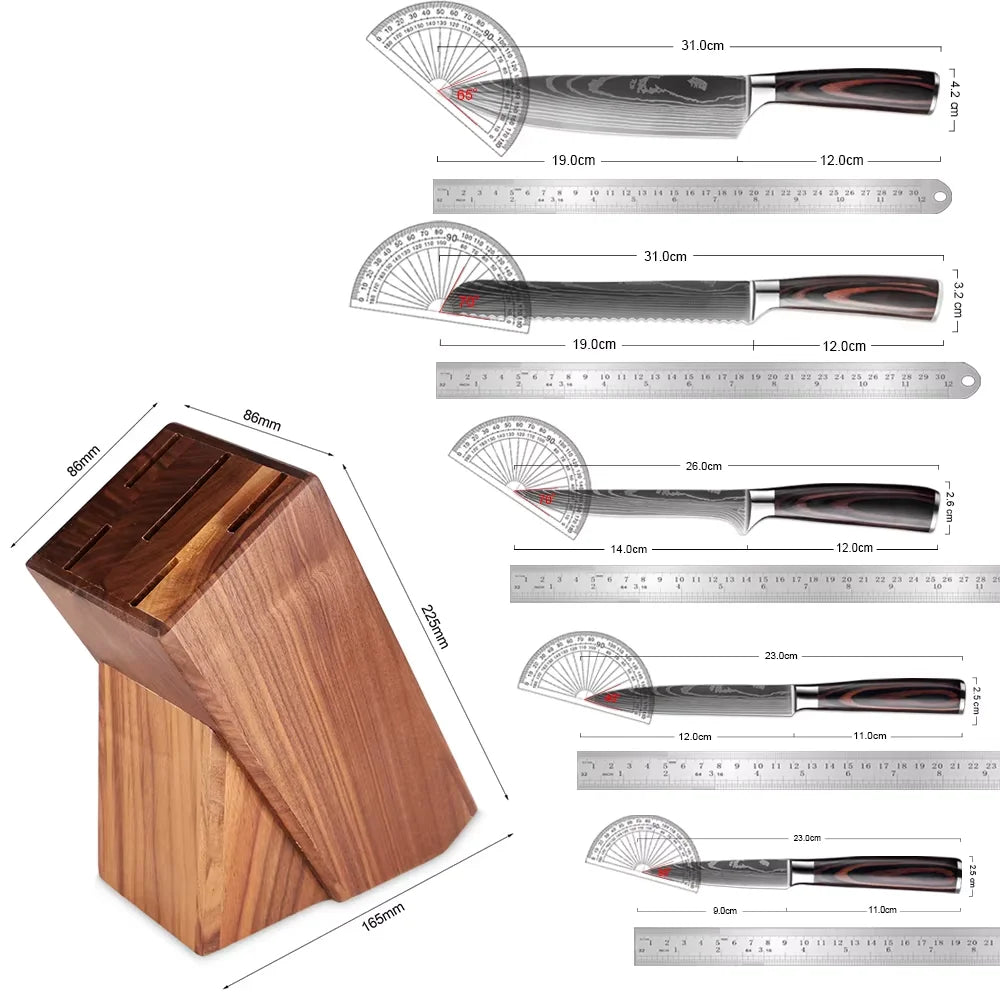 6PCS Stainless Steel Kitchen Knife Set with Wooden Holder – Chef, Bread, Boning & Fruit Knives